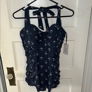 Unique Vintage Navy Anchor Print One Piece Swimsuit